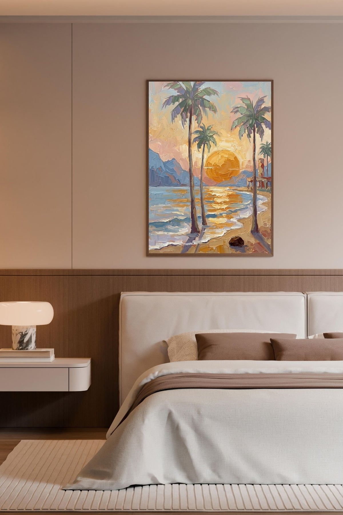 Tropical Sunset View | Impressionist Island Beach Wall Art | Coastal Palm Tree Painting | Giclée Print on Paper, Canvas, Wood & Metal