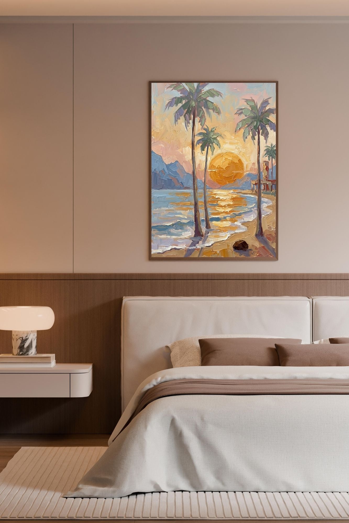 Tropical Sunset View | Impressionist Island Beach Wall Art | Coastal Palm Tree Painting | Giclée Print on Paper, Canvas, Wood & Metal
