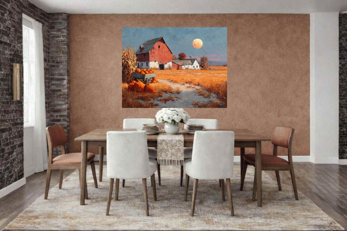 Harvest Moon at the Old Red Barn | Autumn Farmhouse Art | Prints, Canvas, Wood, or Metal