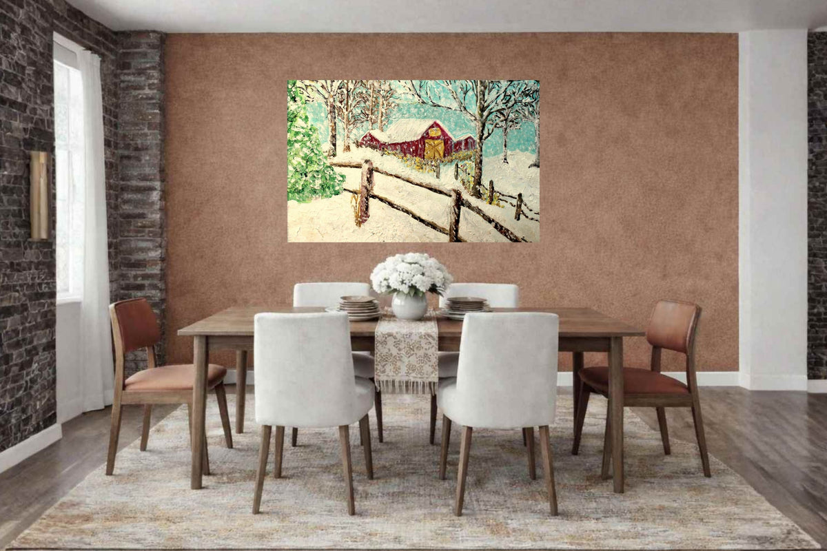Snowy Christmas Morning| Merry Christmas Art| Vintage Look Farm Barn| Giclee Paper- Wood- Metal- Canvas