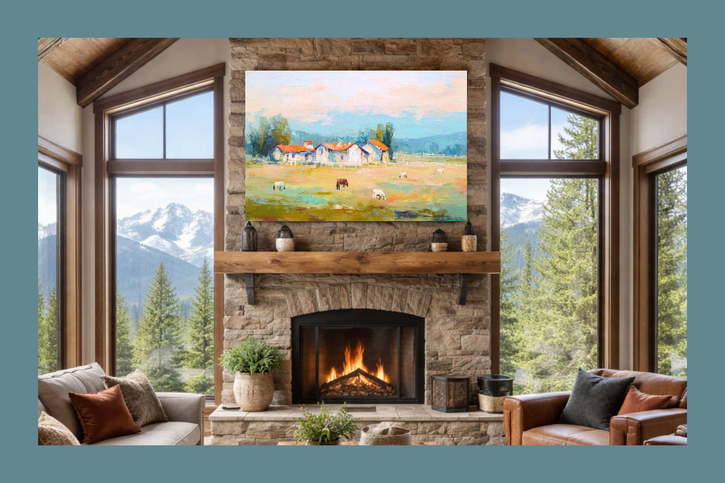 Tuscan Horse Farm at Dusk – Impressionist Landscape Print, Equestrian Wall Art, Giclée on Canvas, Wood, Metal & Fine Art Paper