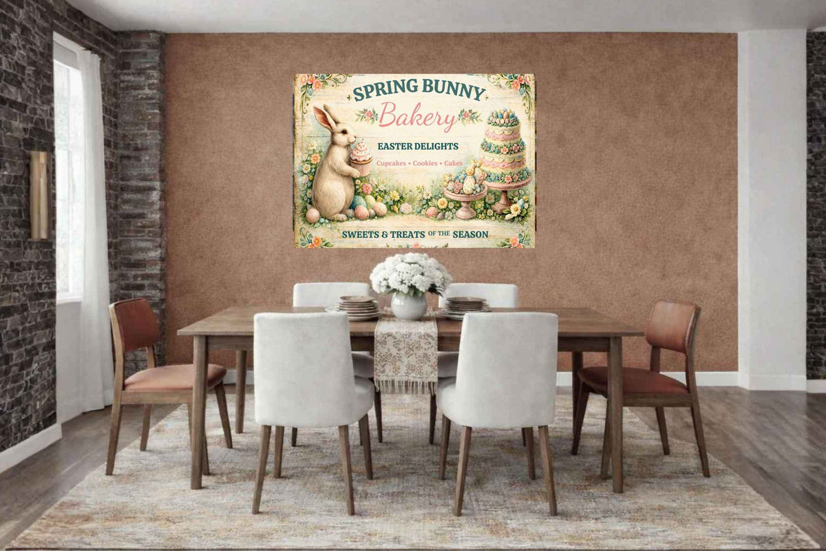 Spring Bunny Bakery Sign With Treats| Prints, Canvas, Wood, or Metal Art