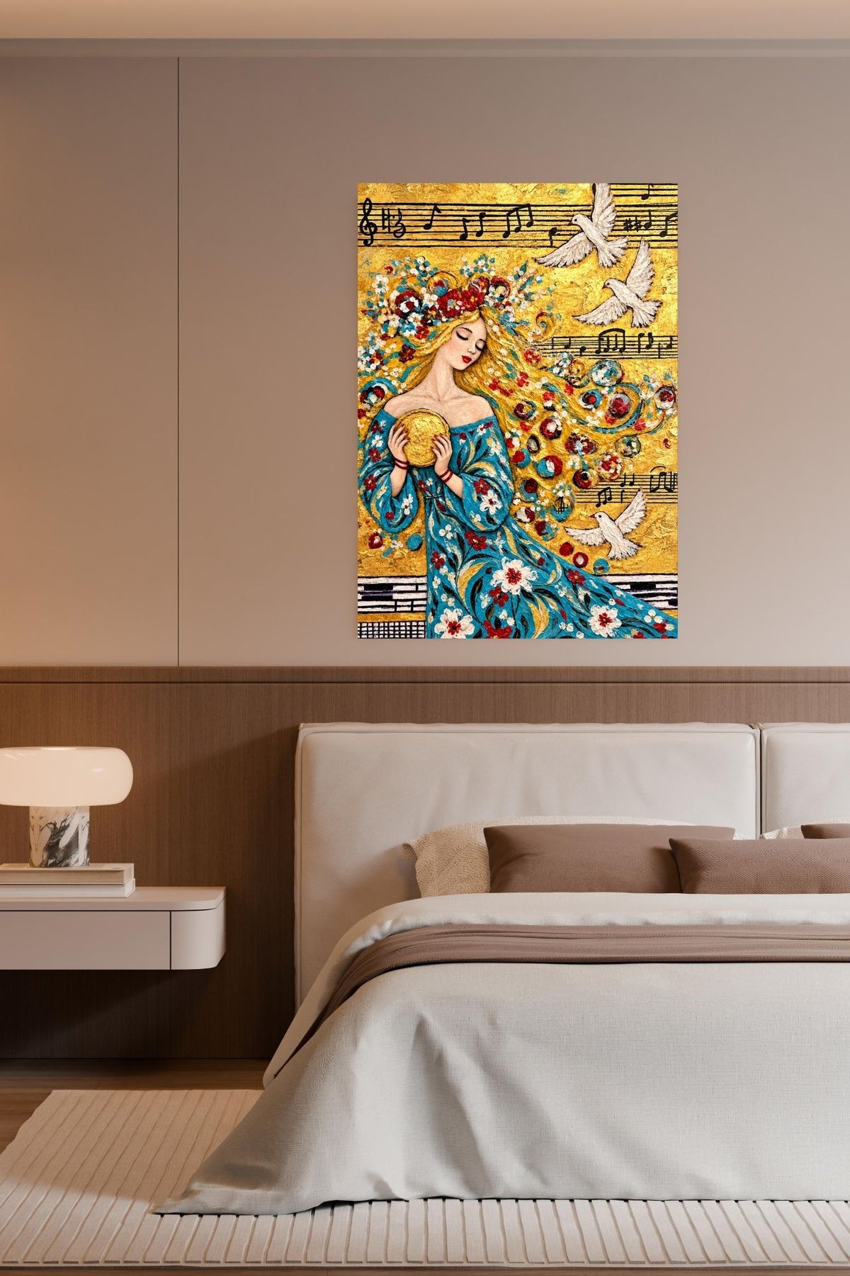 Carol’s Golden Song | Heavenly Inspired Music Art | Woman and Dove Wall Art | Giclée Paper, Canvas, Wood or Metal