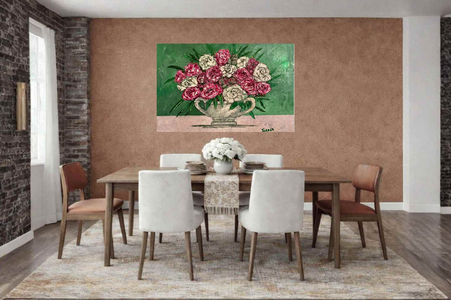 Garden's Best Arrangement | Original Teresa Johnson Floral Painting | Pink & White Roses in Vintage Pitcher | Giclée Paper • Wood • Metal • Canvas