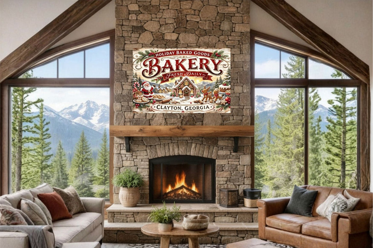 Christmas Bakery Clayton Georgia Vintage Style Sign- Art Giclee Paper- Wood- Metal- Canvas