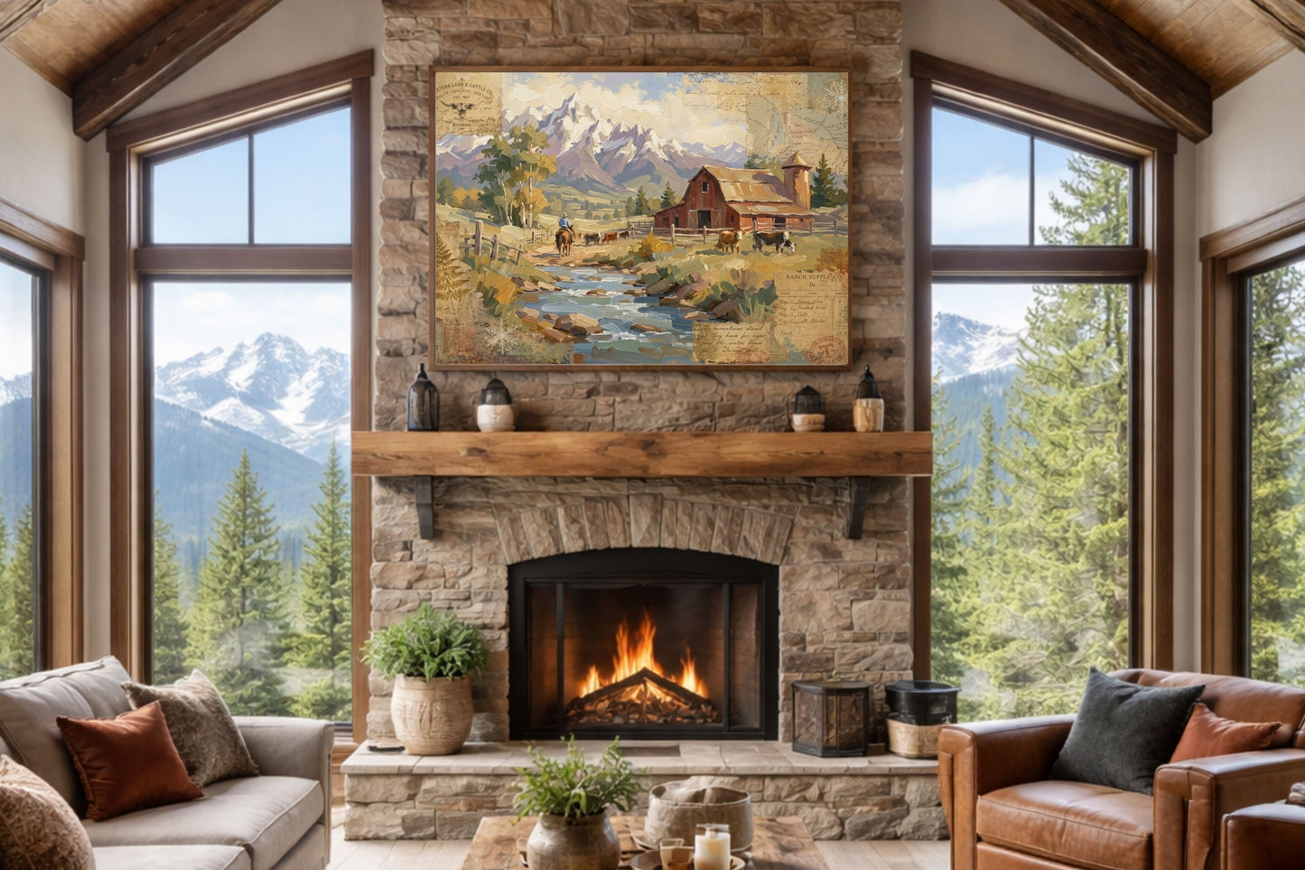 Rancher's Retreat| Rustic Ranch & Mountain Landscape Print | Western Farmhouse Giclée Print on Paper, Canvas, Wood & Metal