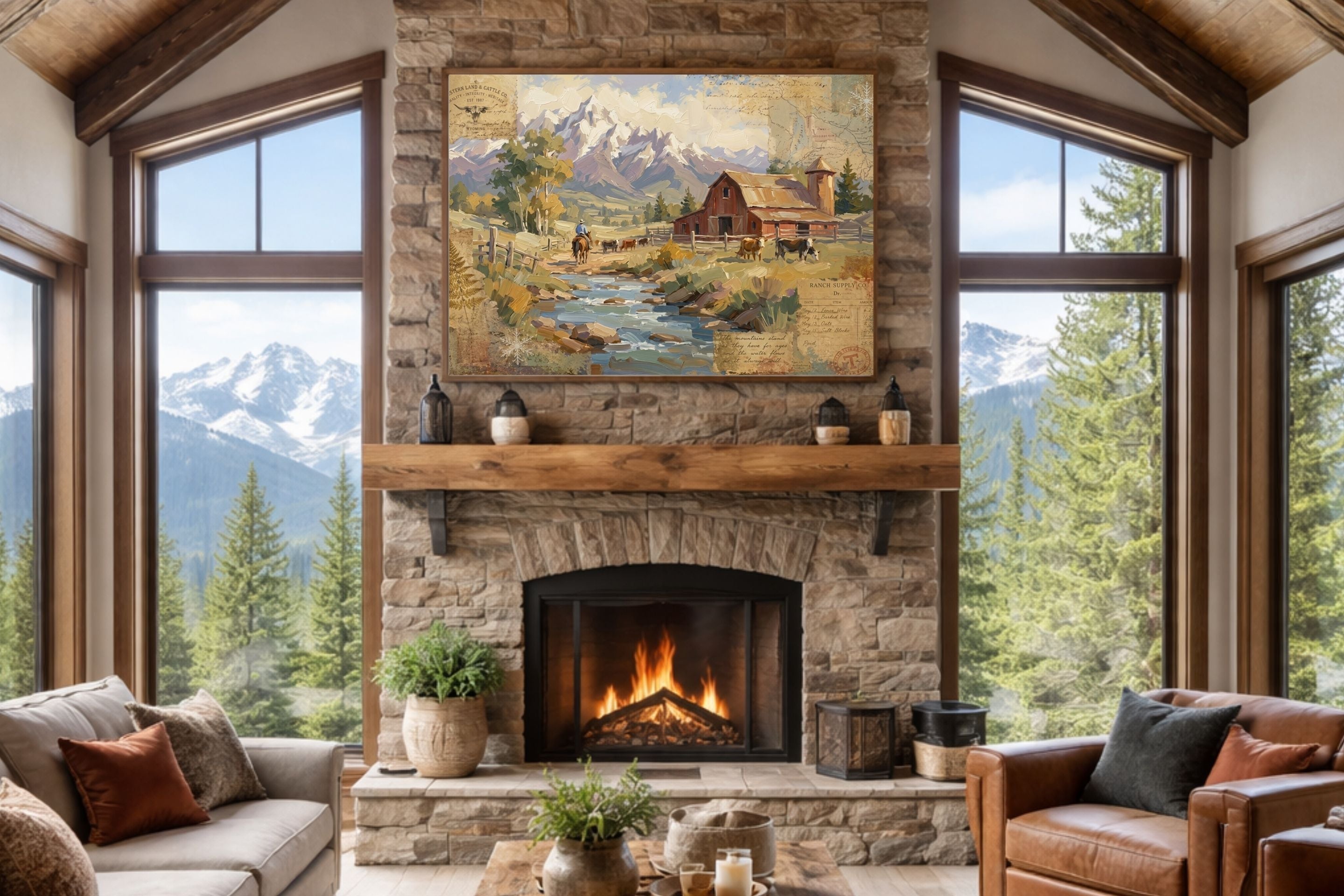 Rancher's Retreat| Rustic Ranch & Mountain Landscape Print | Western Farmhouse Giclée Print on Paper, Canvas, Wood & Metal