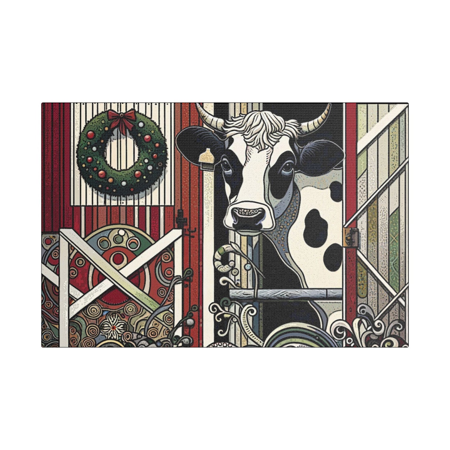 Holly, the Christmas Cow- Art- Gallery Wrapped- Satin Stretched Canvas Gallery Wraps - No Frame Needed