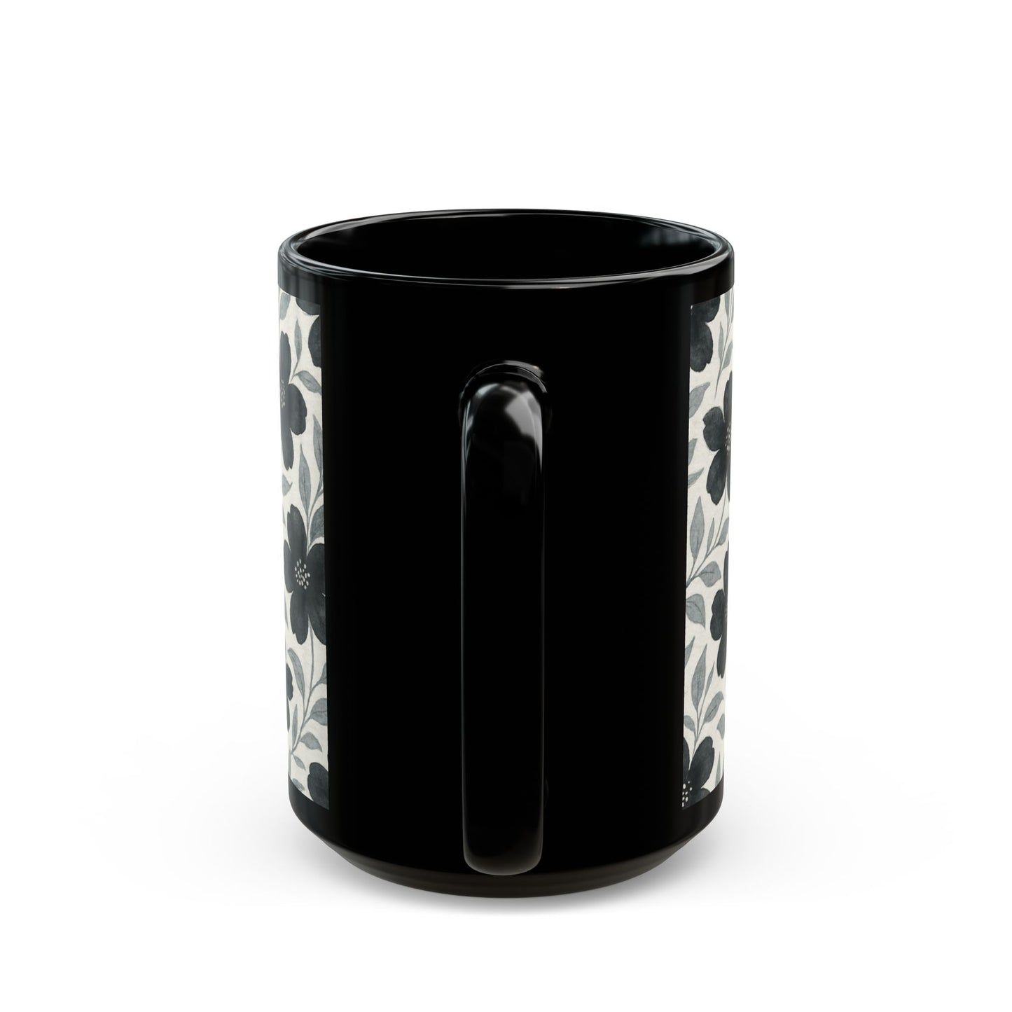 Black with Silver Flowers - 11 oz or 15 oz Ceramic Black Mugs