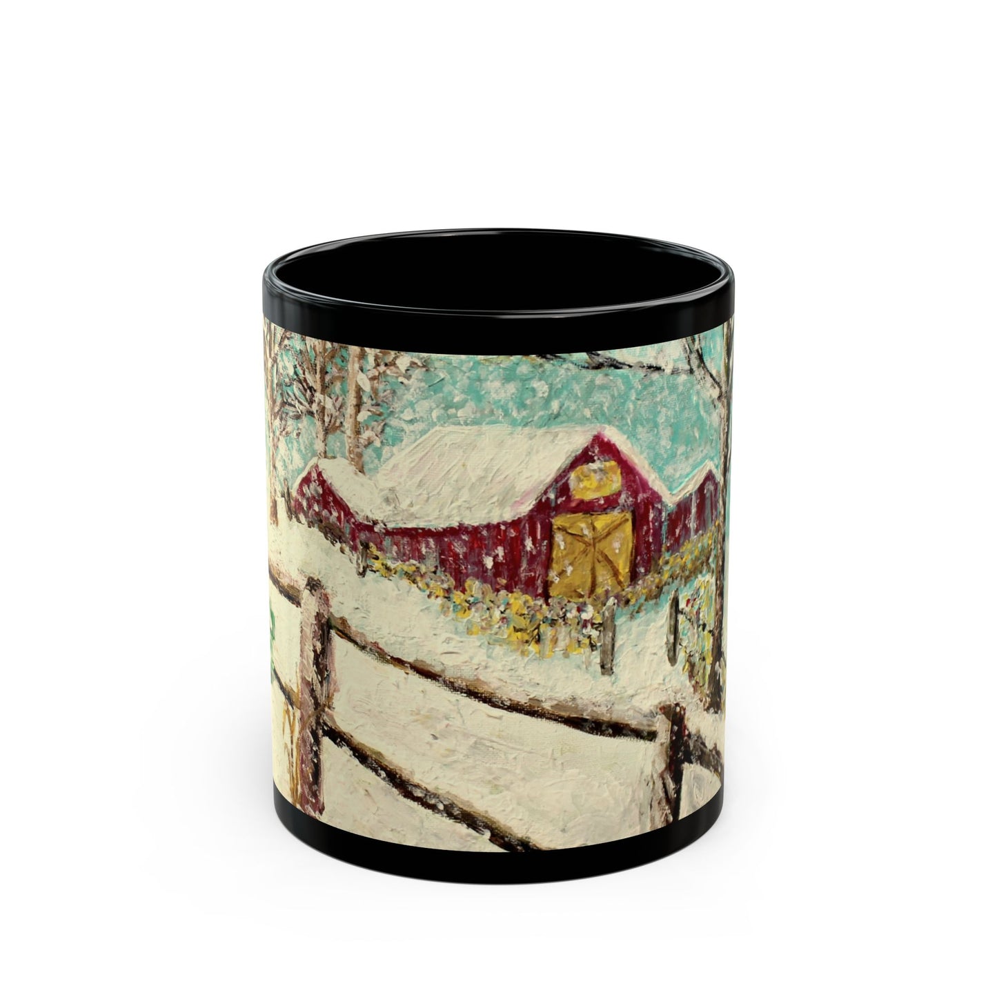 Snowy Christmas Morning - 11 oz or 15 oz Ceramic Black Mugs