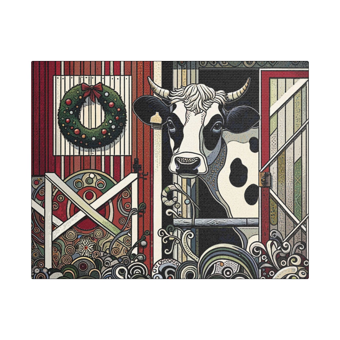 Holly, the Christmas Cow- Art- Gallery Wrapped- Satin Stretched Canvas Gallery Wraps - No Frame Needed