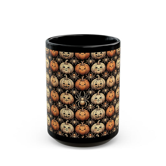 Spider and Halloween Pumpkin- 11 oz or 15 oz Ceramic Black Mugs