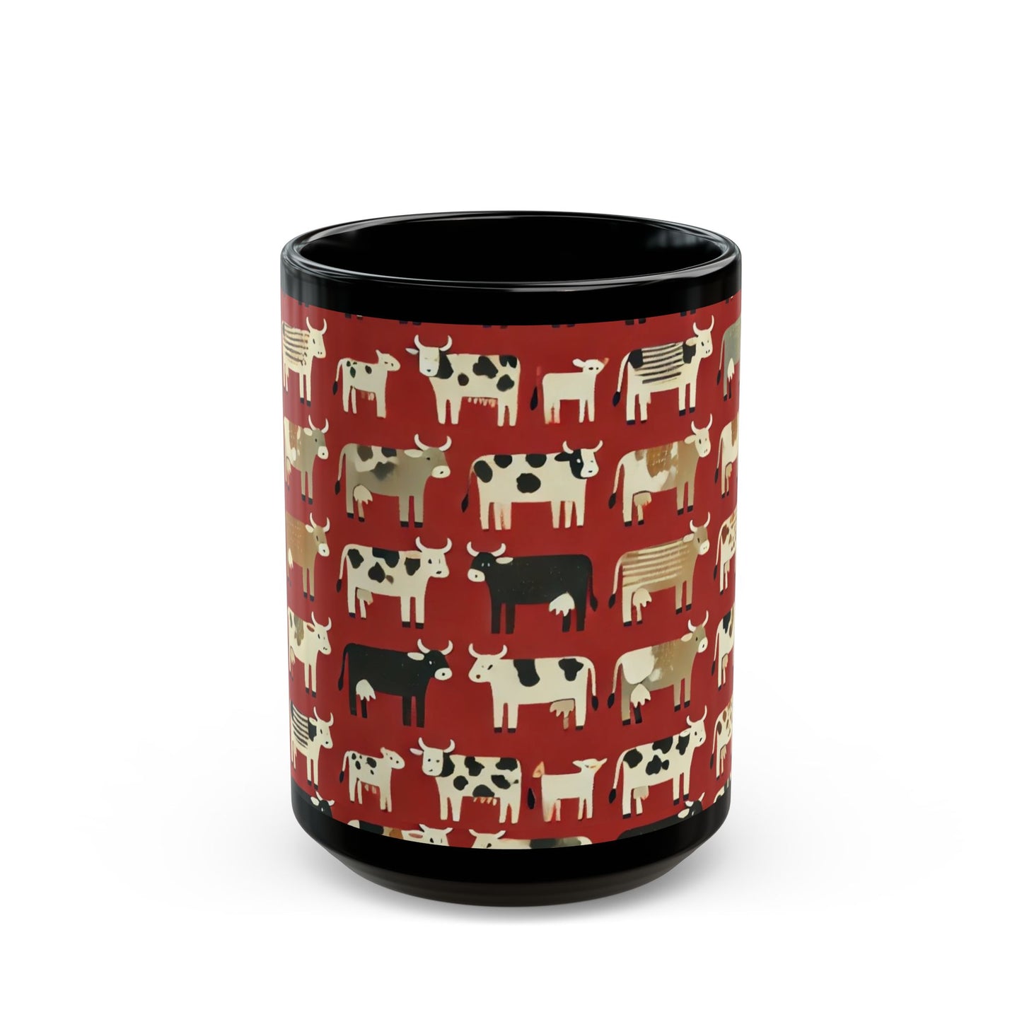 Primitive Boho-Style Cows- 11 oz or 15 oz Ceramic Black Mugs