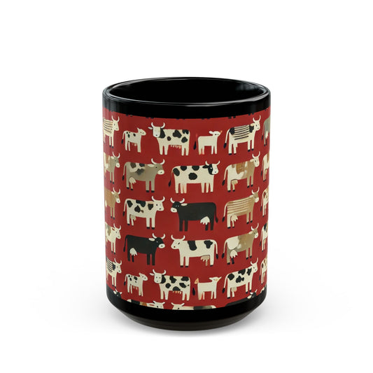 Primitive Boho-Style Cows- 11 oz or 15 oz Ceramic Black Mugs