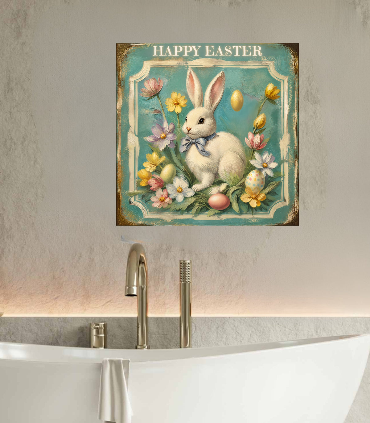 Happy Easter Bunny Art| Vintage Style Midcentury Flower Design| Giclee Paper- Wood- Metal- Canvas