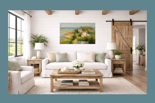 The Pink Cottage – Impressionist Marsh Cottage Painting, Coastal Wall Art, Romantic Cottage Print, Giclée on Canvas, Wood, Metal & Fine Art Paper