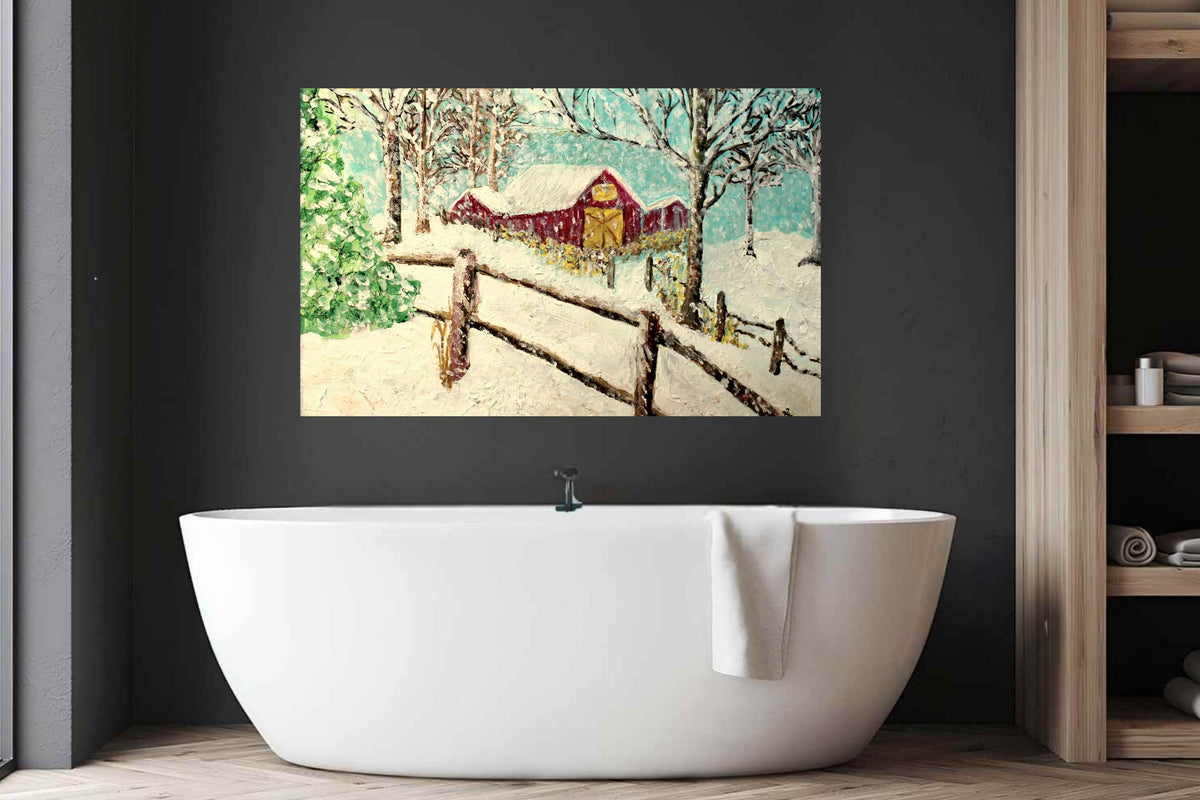 Snowy Christmas Morning| Merry Christmas Art| Vintage Look Farm Barn| Giclee Paper- Wood- Metal- Canvas