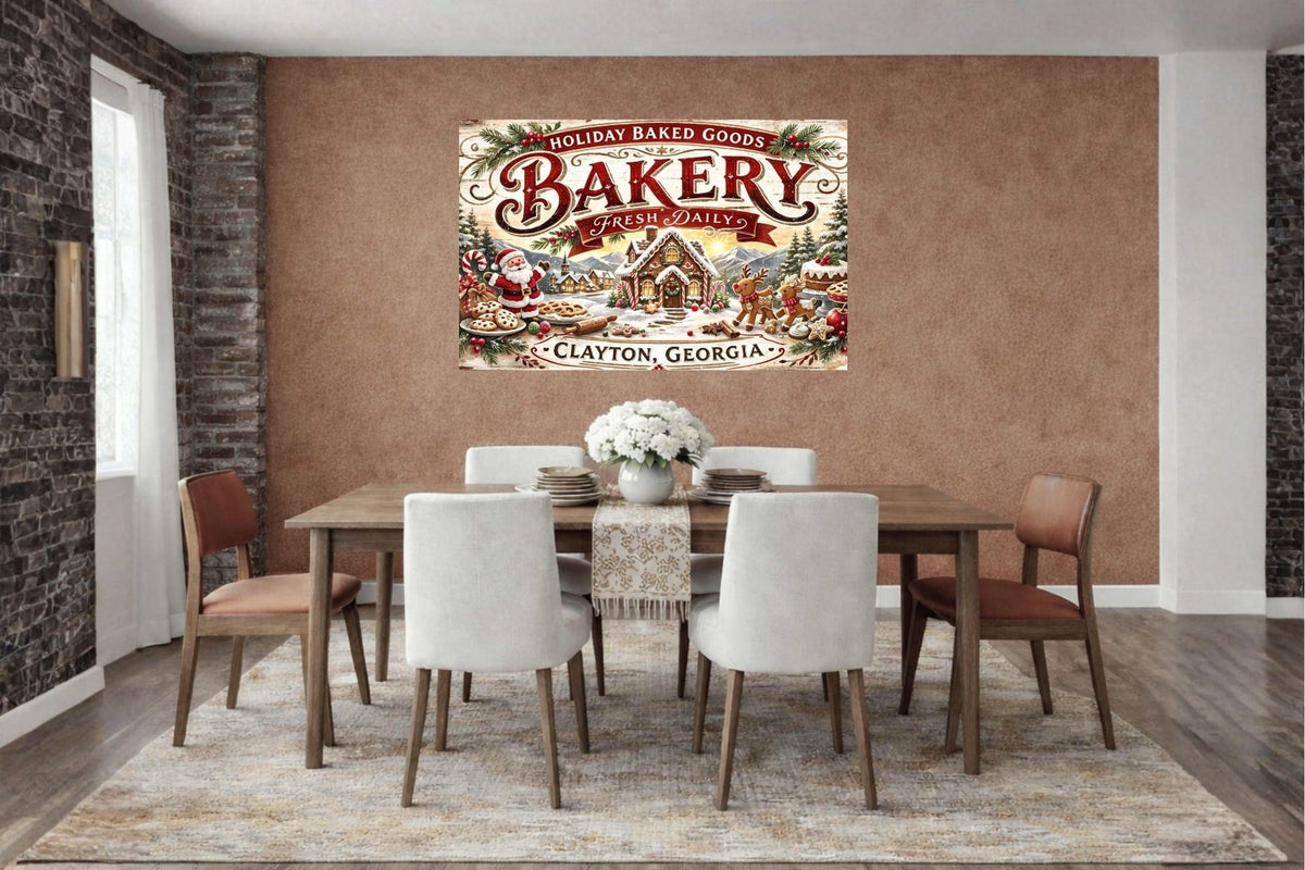 Christmas Bakery Clayton Georgia Vintage Style Sign- Art Giclee Paper- Wood- Metal- Canvas