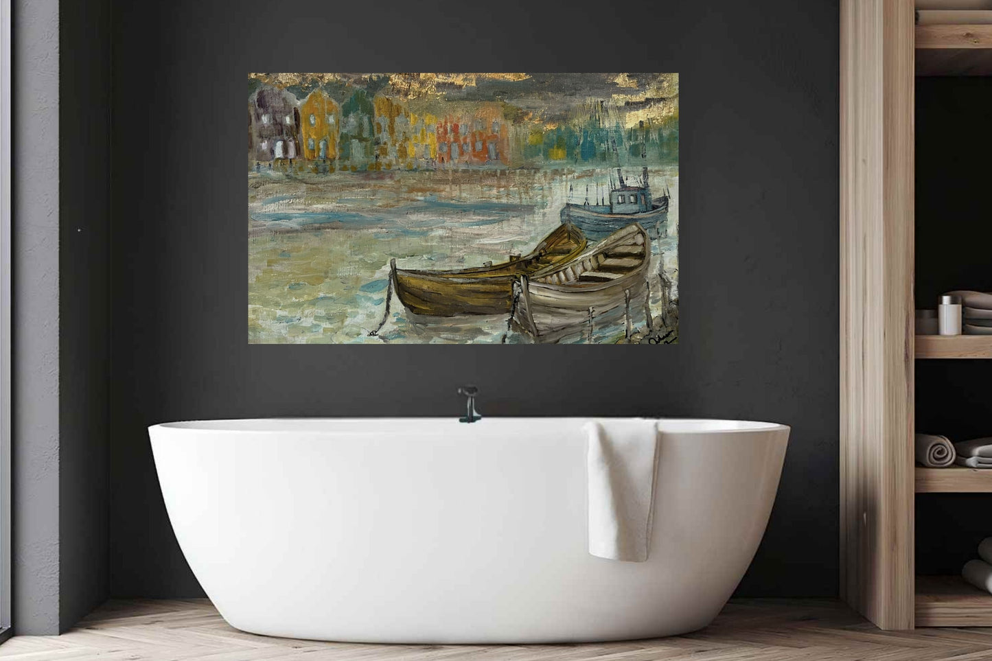 Rainy Harbor | Original Teresa Johnson Coastal Harbor Painting | Fishing Boats & Waterfront Village | Giclée Paper • Wood • Metal • Canvas