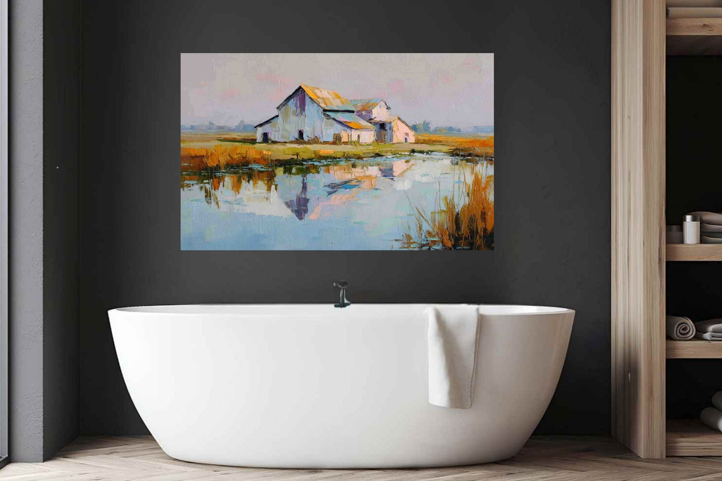 Still Water Farm | Impressionist Print| Barn Reflection Print| Farmhouse Art| Giclée on Canvas, Wood, Metal & Fine Art Paper