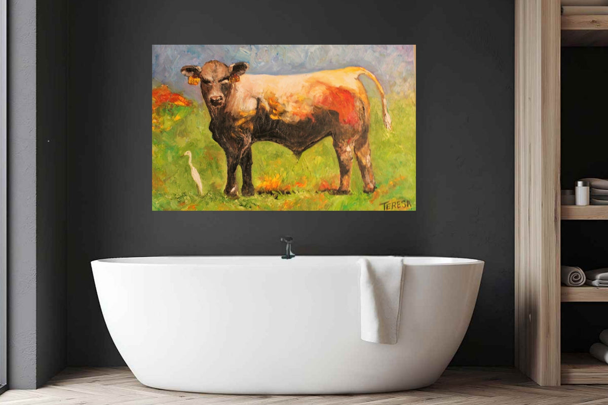 White Egret and the Bull|Cattle Farm| Animal Art| Giclee Paper- Wood- Metal- Canvas