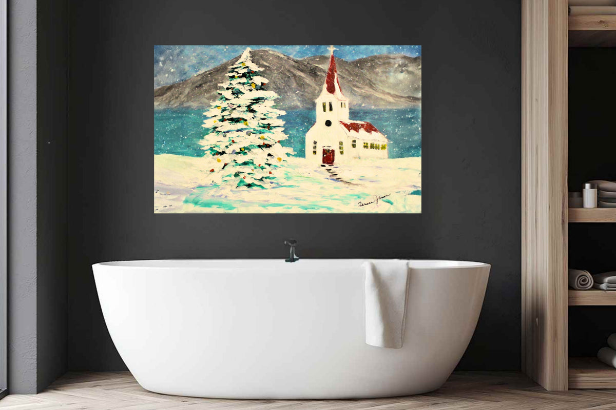 Church In the Rockies| Christmas Tree in Snow art| Giclee Paper- Wood- Metal- Canvas