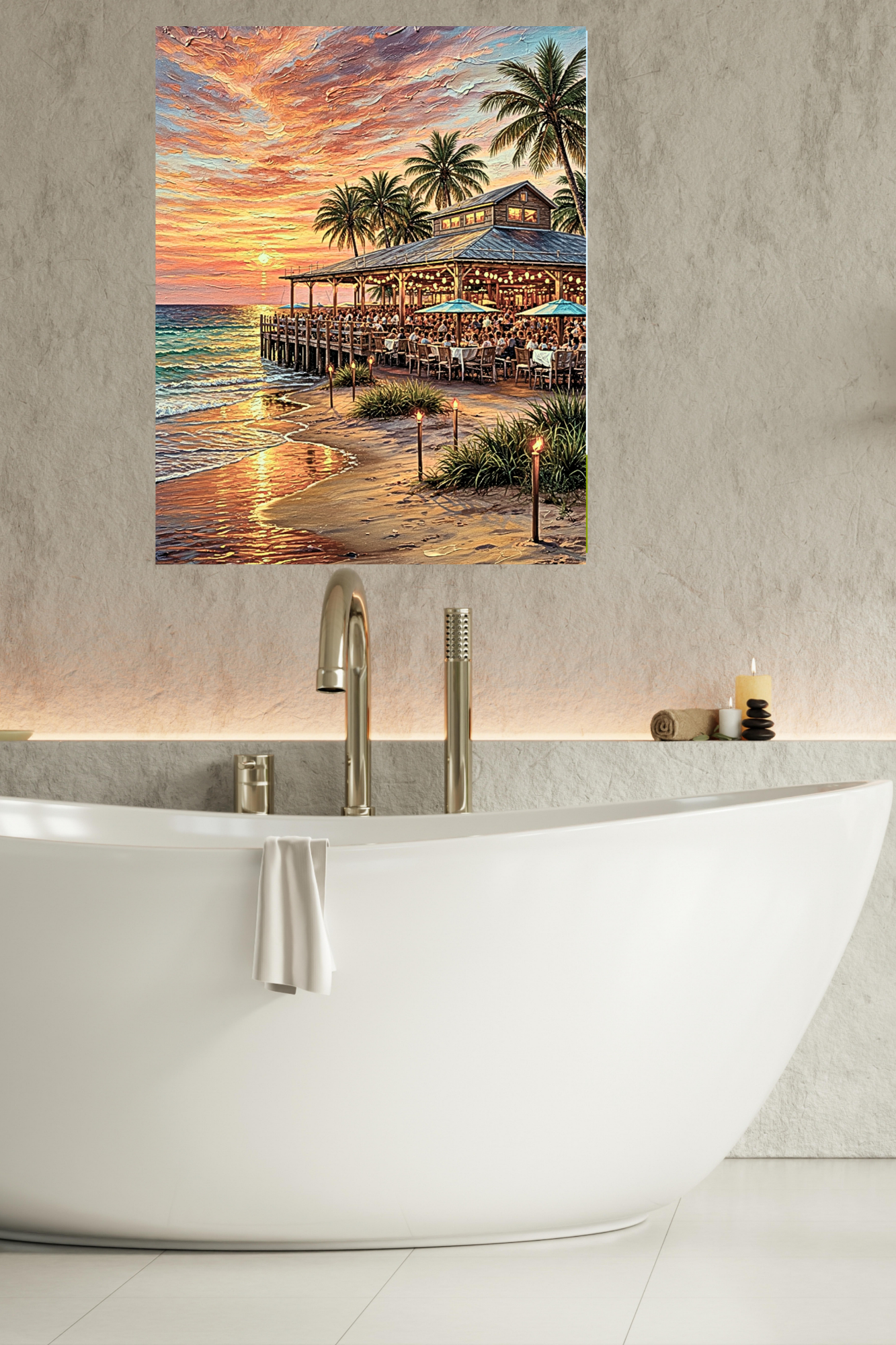 Beachside Dining At Sunset| Coastal Print| Vacation Art| Ocean Beach Print| Travel Poster| Giclee Paper- Wood- Metal- Canvas