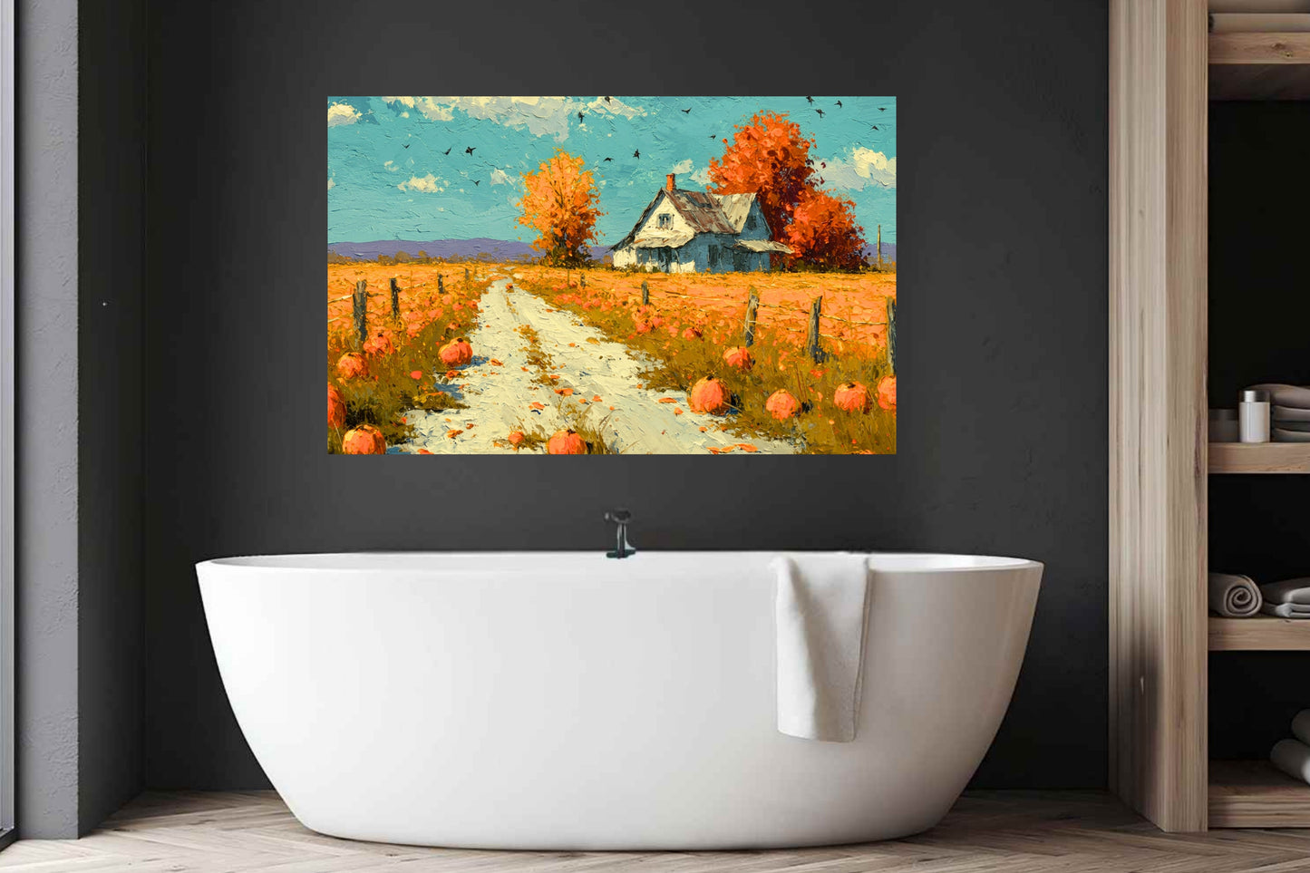 Autumn Farm Road | Fall Farmhouse Landscape Art | Pumpkin Patch Decor | Giclee Paper • Wood • Metal • Canvas