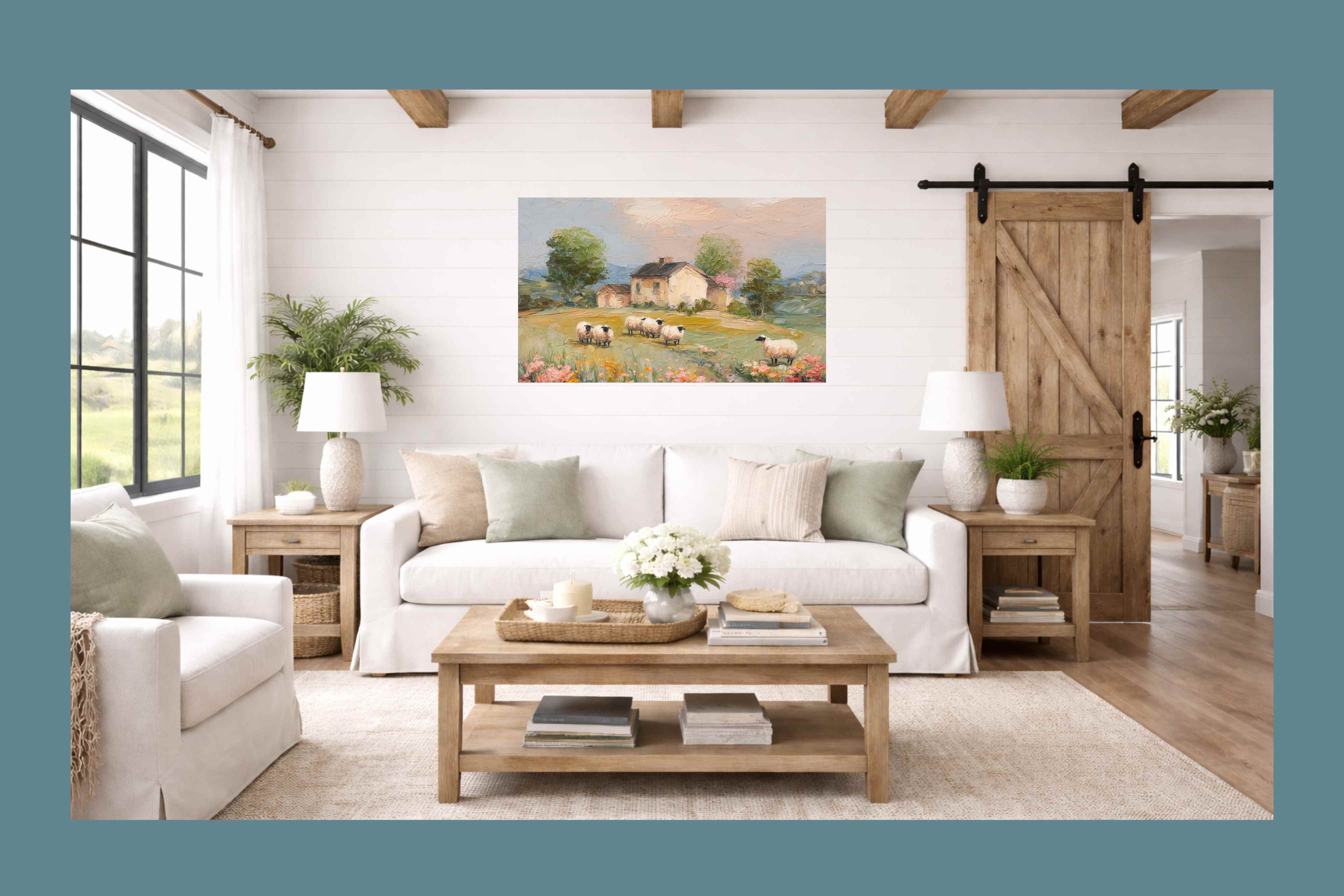 Cotswolds Sheep Farm |Impressionist Print|English Countryside Art| Sheep & Wildflowers Wall Art| Giclée on Canvas, Wood, Metal & Fine Art Paper