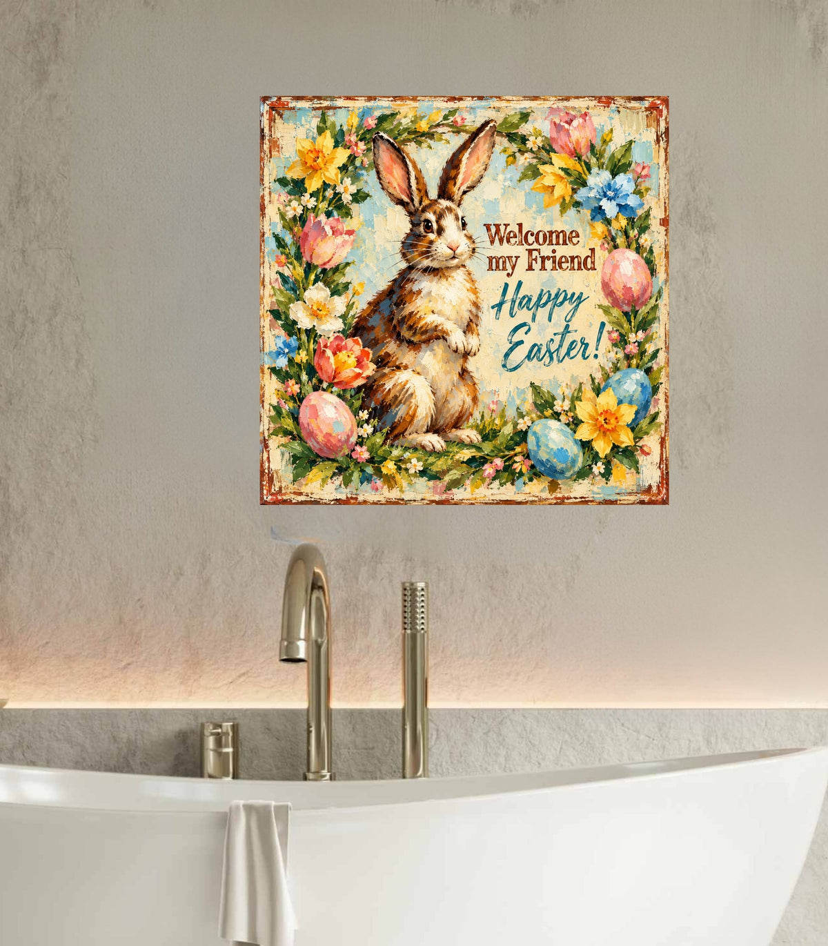 Vintage Welcome My Friend Easter Bunny| Giclee Prints, Canvas, Wood, or Metal Art