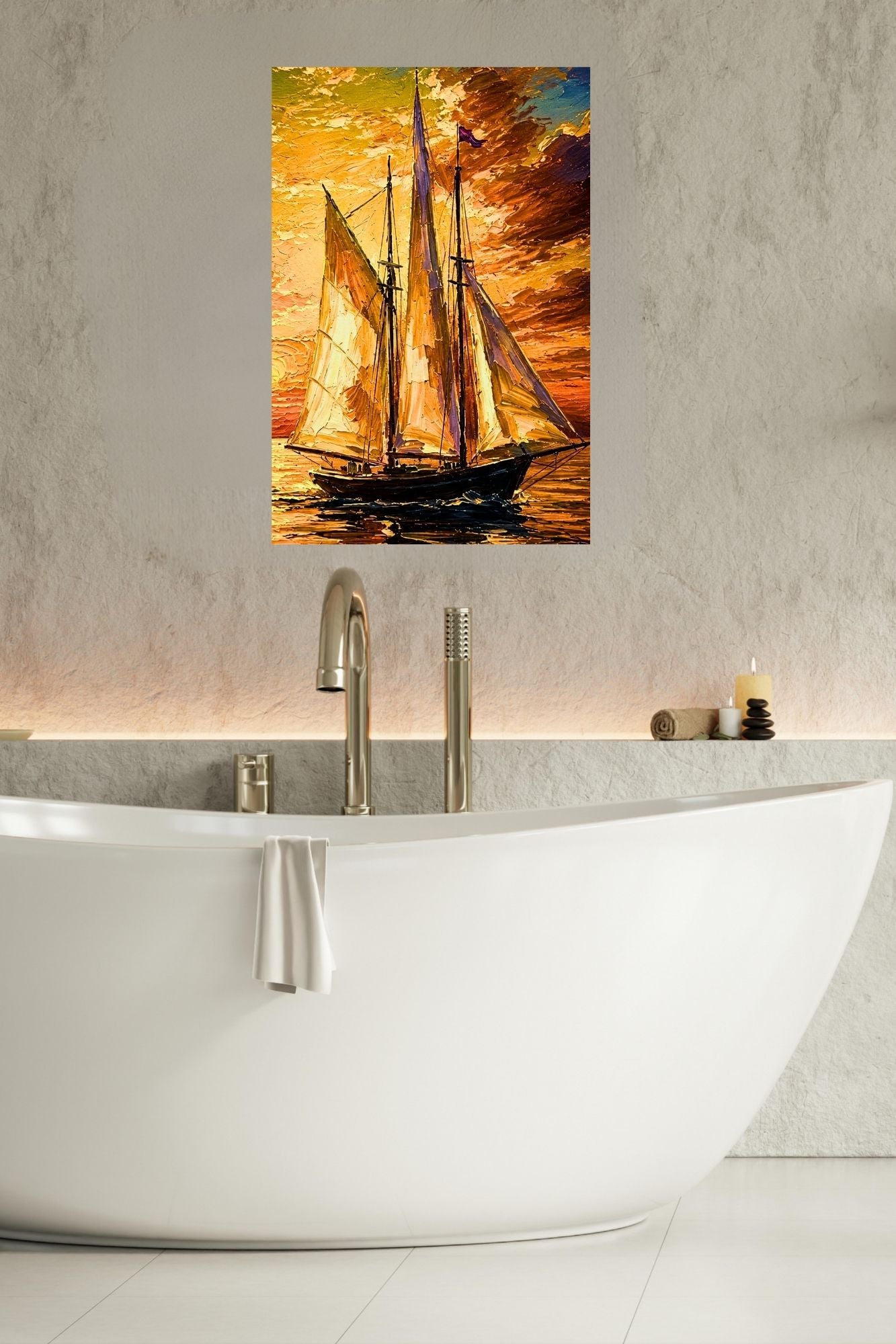 Golden Evening Voyage | Impressionist Sailboat Sunset Wall Art | Coastal Ocean Painting | Giclée Print on Paper, Canvas, Wood & Metal