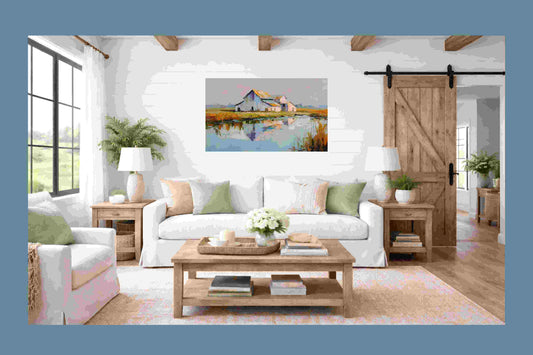 Still Water Farm – Impressionist Barn Reflection Painting, Farmhouse Wall Art, Giclée on Canvas, Wood, Metal & Fine Art Paper