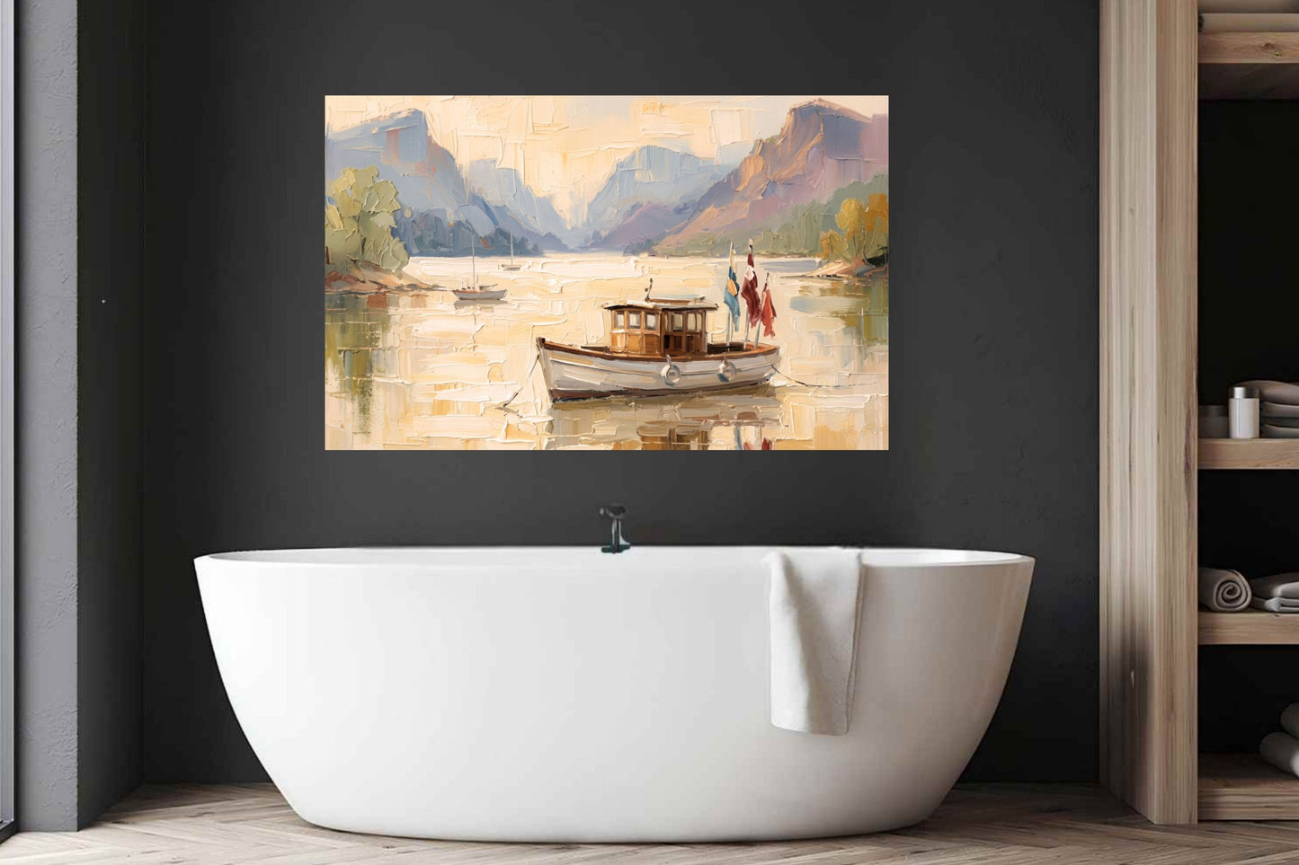 Silent Morning | Mountain Lake Boat Art Print | Impressionist Landscape | Coastal Cabin Decor | Giclée on Paper, Canvas, Wood & Metal