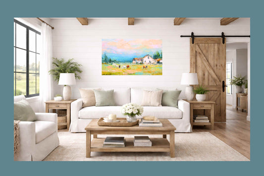 Spring Morning Stables – Pastel Impressionist Horse Farm Print, Equestrian Wall Art, Giclée on Canvas, Wood, Metal & Fine Art Paper