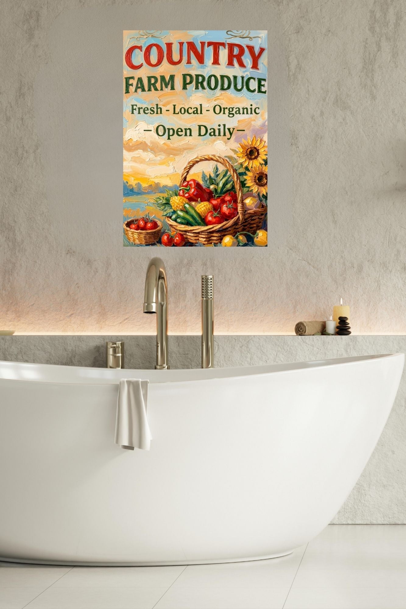 Country Farm Produce Sign | Fresh Local Organic Farm Market Wall Art | Rustic Farmhouse Kitchen Decor | Canvas, Wood, Metal &amp; Giclée Print