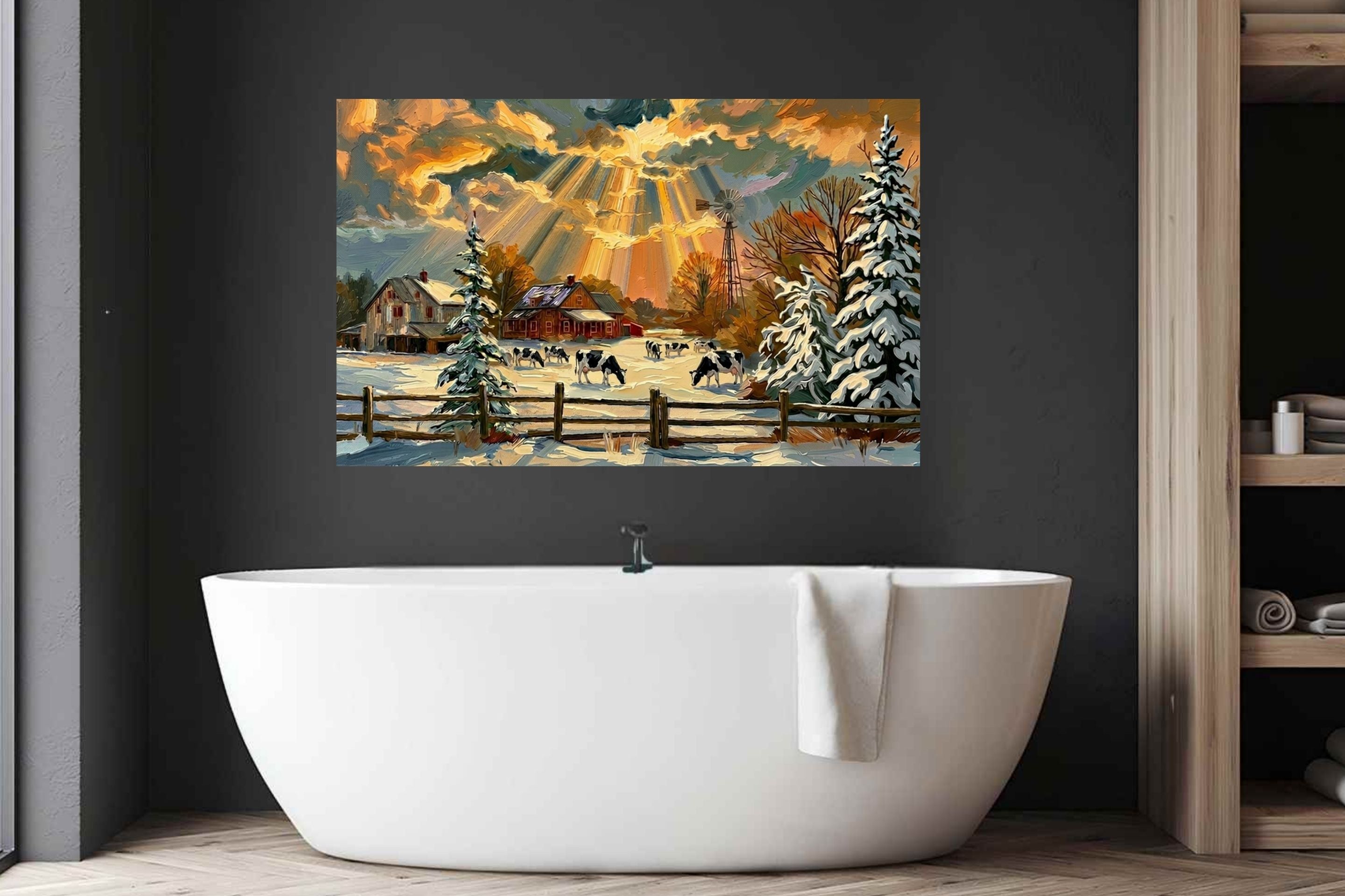 Winter Farm | Farmhouse Print| Snow Covered Ranch | Winter Art | Giclée Paper • Wood • Metal • Canvas