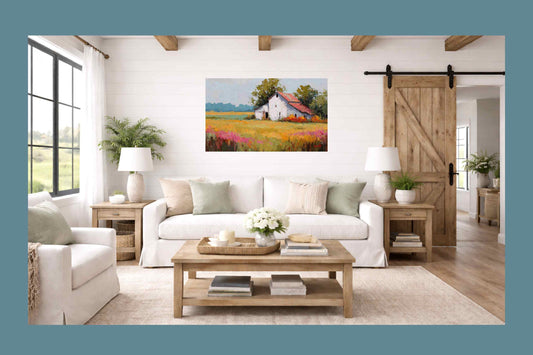 Wildflowers By The Old Red Roof – Impressionist Farmhouse Landscape Painting, Giclee Paper- Wood- Metal- Canvas