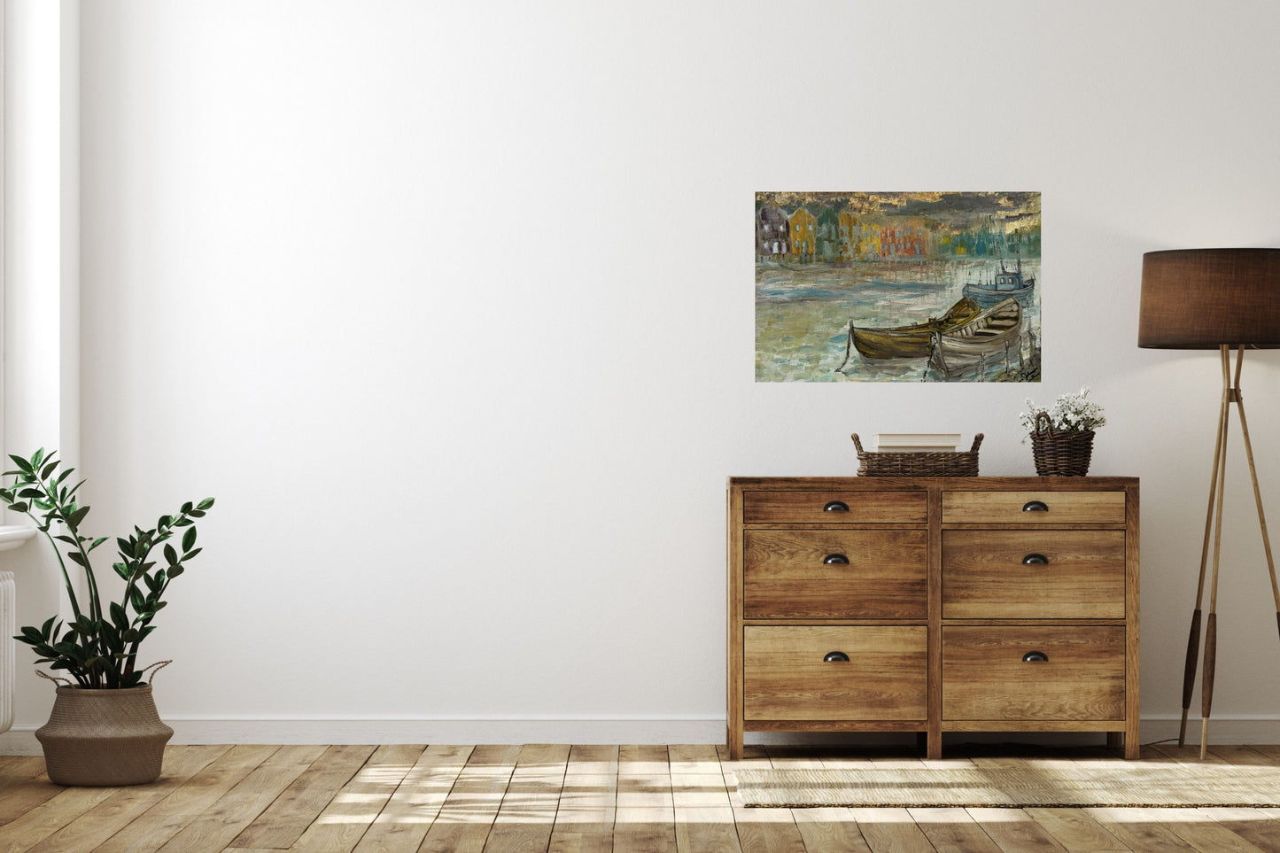 Rainy Harbor Acrylic Fishing boat Impressionist Wall Art | Original Coastal Acrylic Painting| Rainy Harbor (8x10x .5-inch) | Teresa Johnson