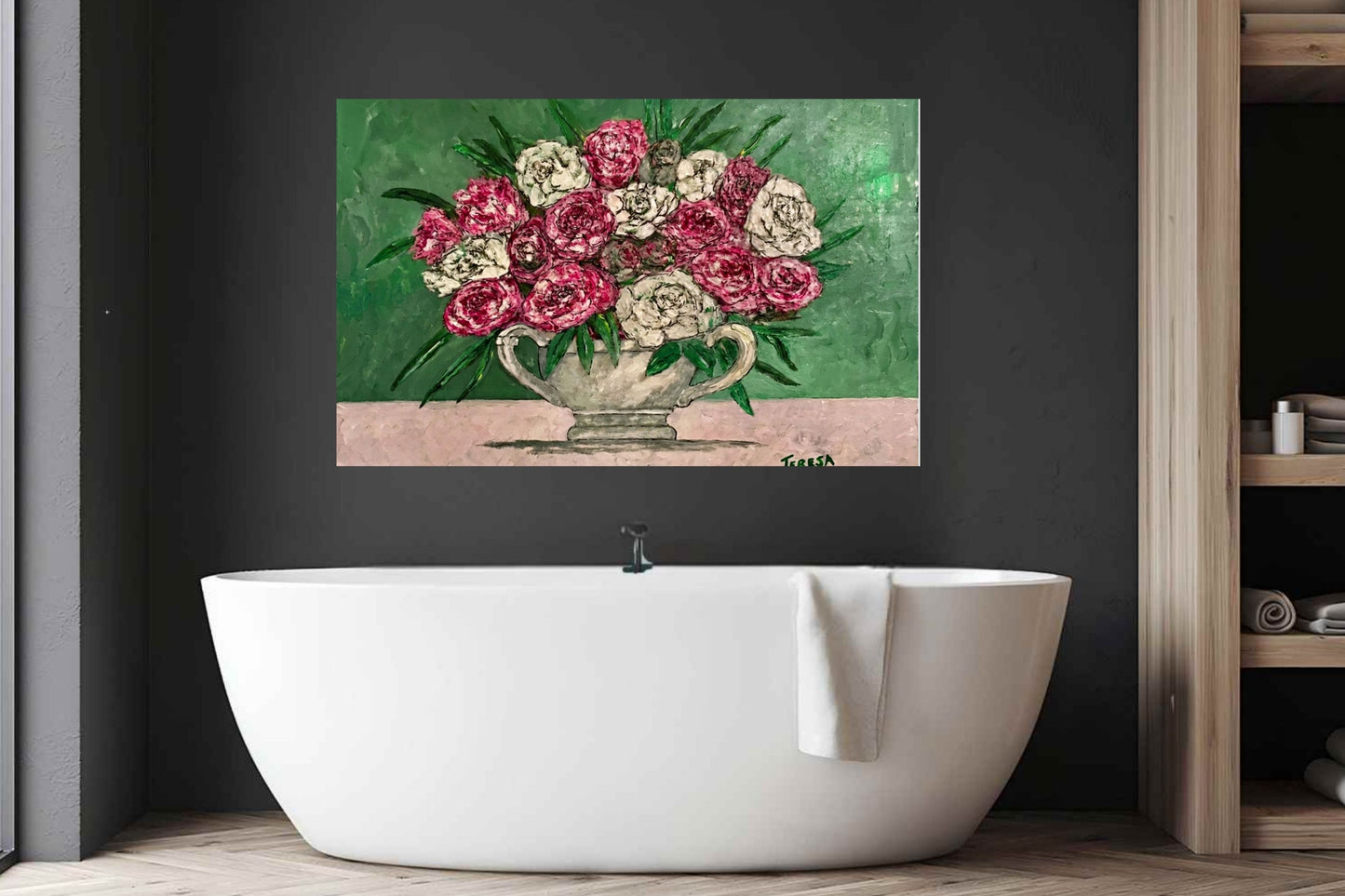 Garden's Best Arrangement | Original Teresa Johnson Floral Painting | Pink & White Roses in Vintage Pitcher | Giclée Paper • Wood • Metal • Canvas
