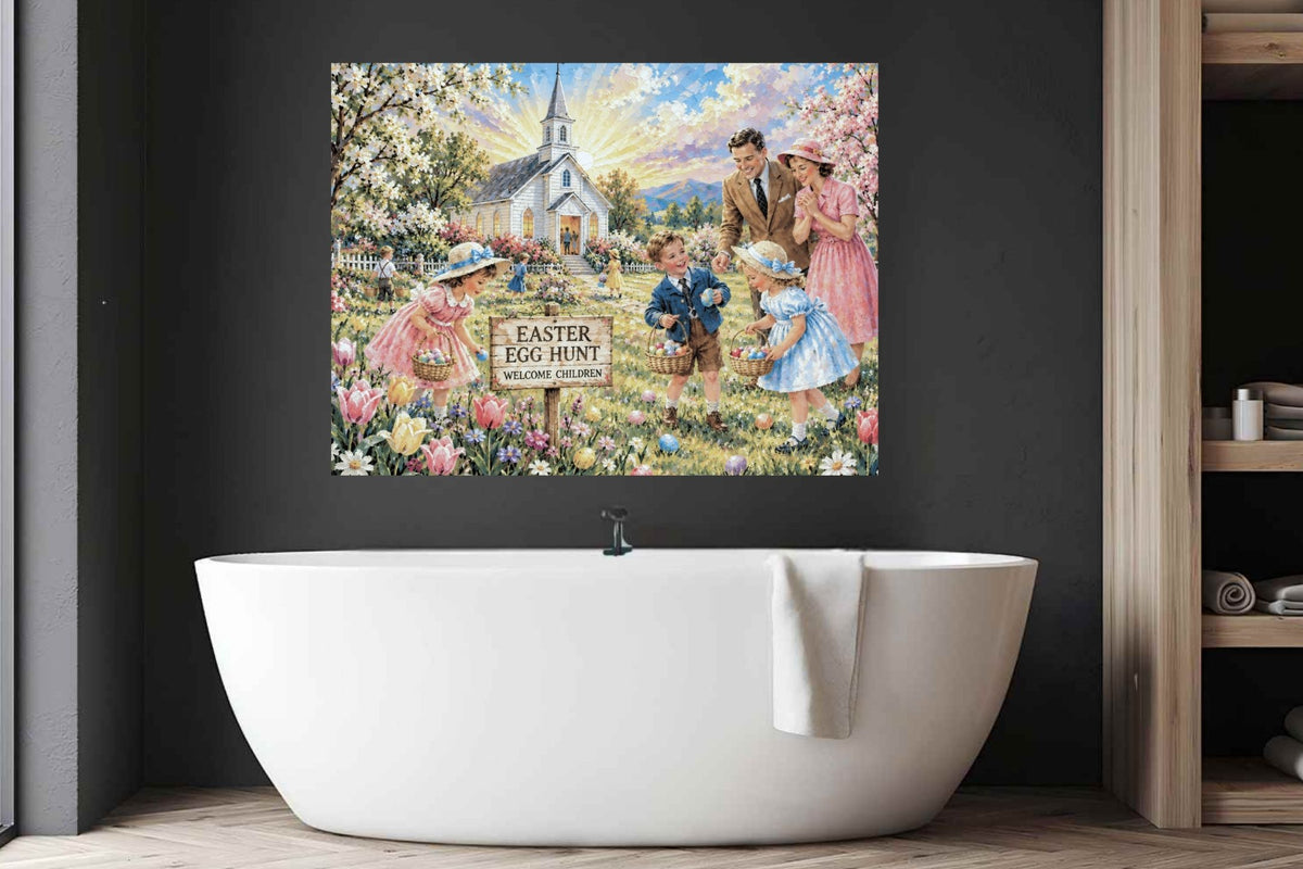 Easter Egg Hunt At the Country Church | Giclee Paper, Prints, Canvas, Wood, or Metal Art