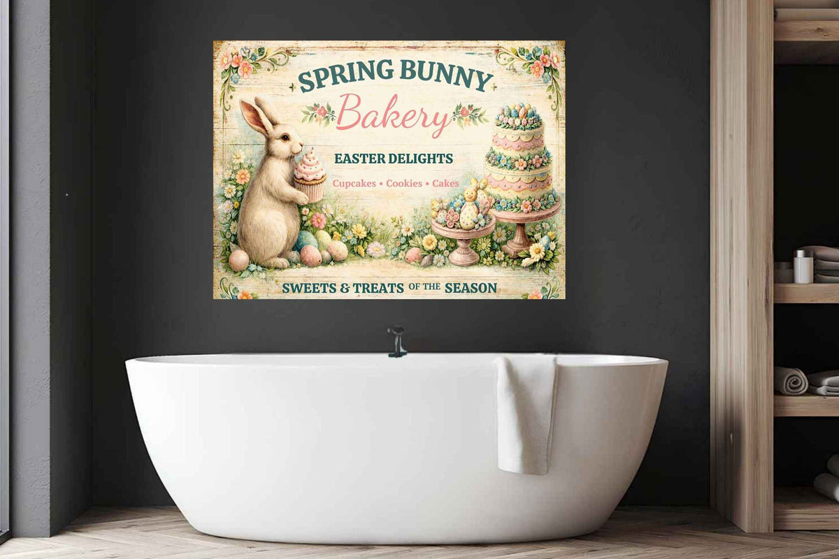 Spring Bunny Bakery Sign With Treats| Prints, Canvas, Wood, or Metal Art