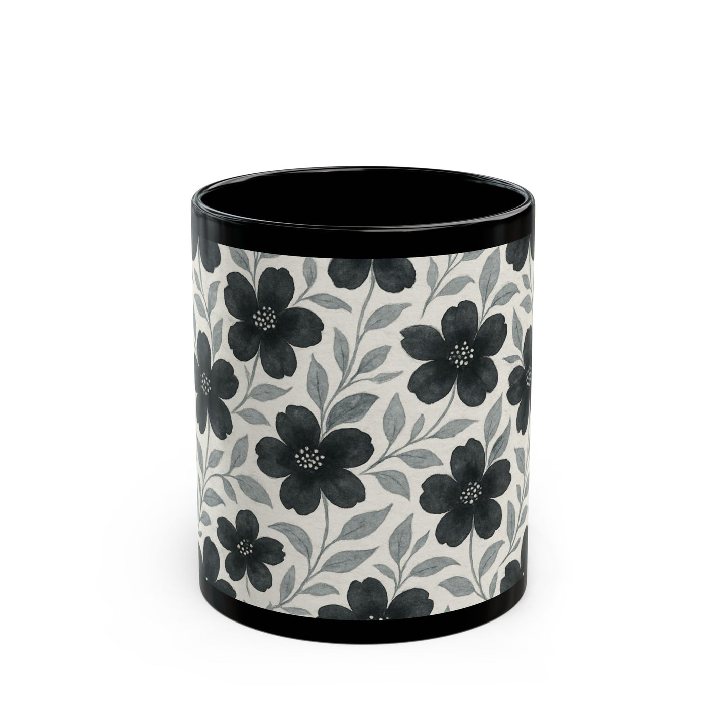 Black with Silver Flowers - 11 oz or 15 oz Ceramic Black Mugs