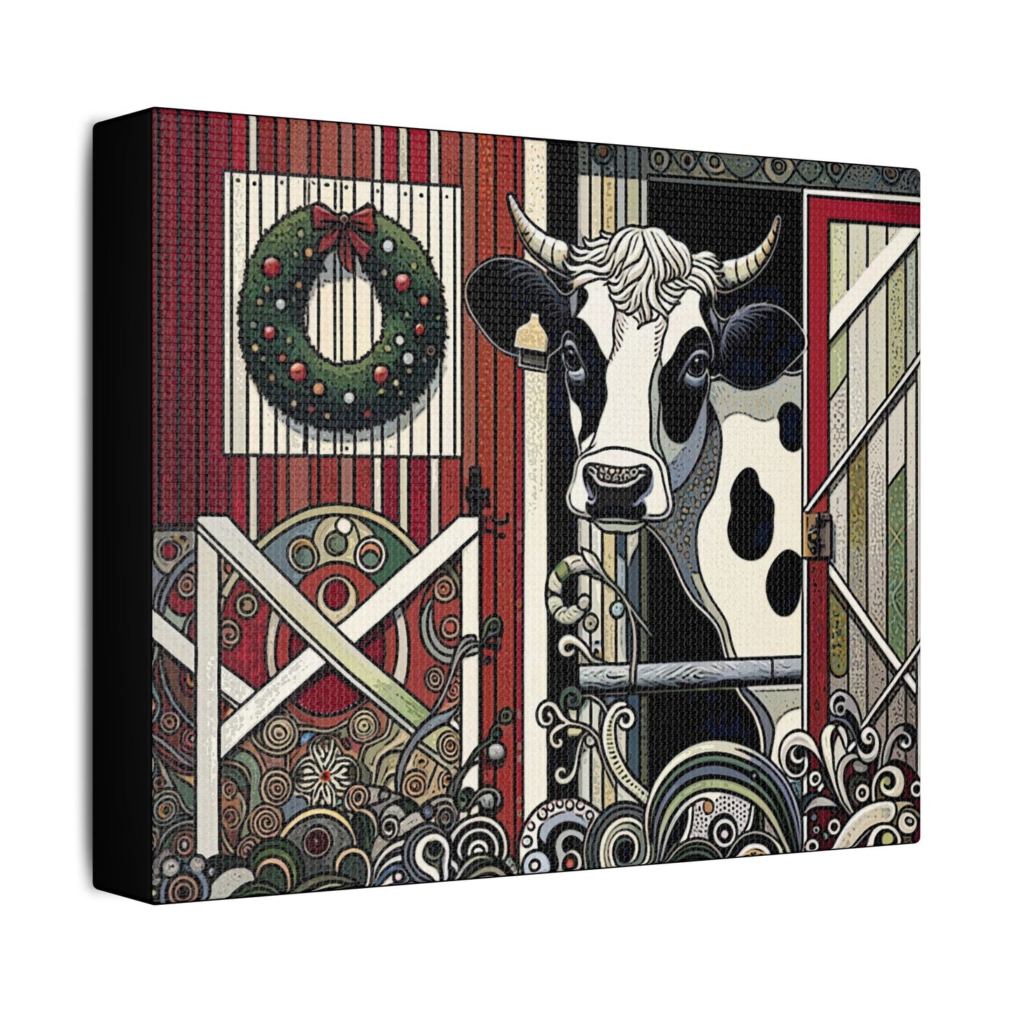 Holly, the Christmas Cow- Art- Gallery Wrapped- Satin Stretched Canvas Gallery Wraps - No Frame Needed