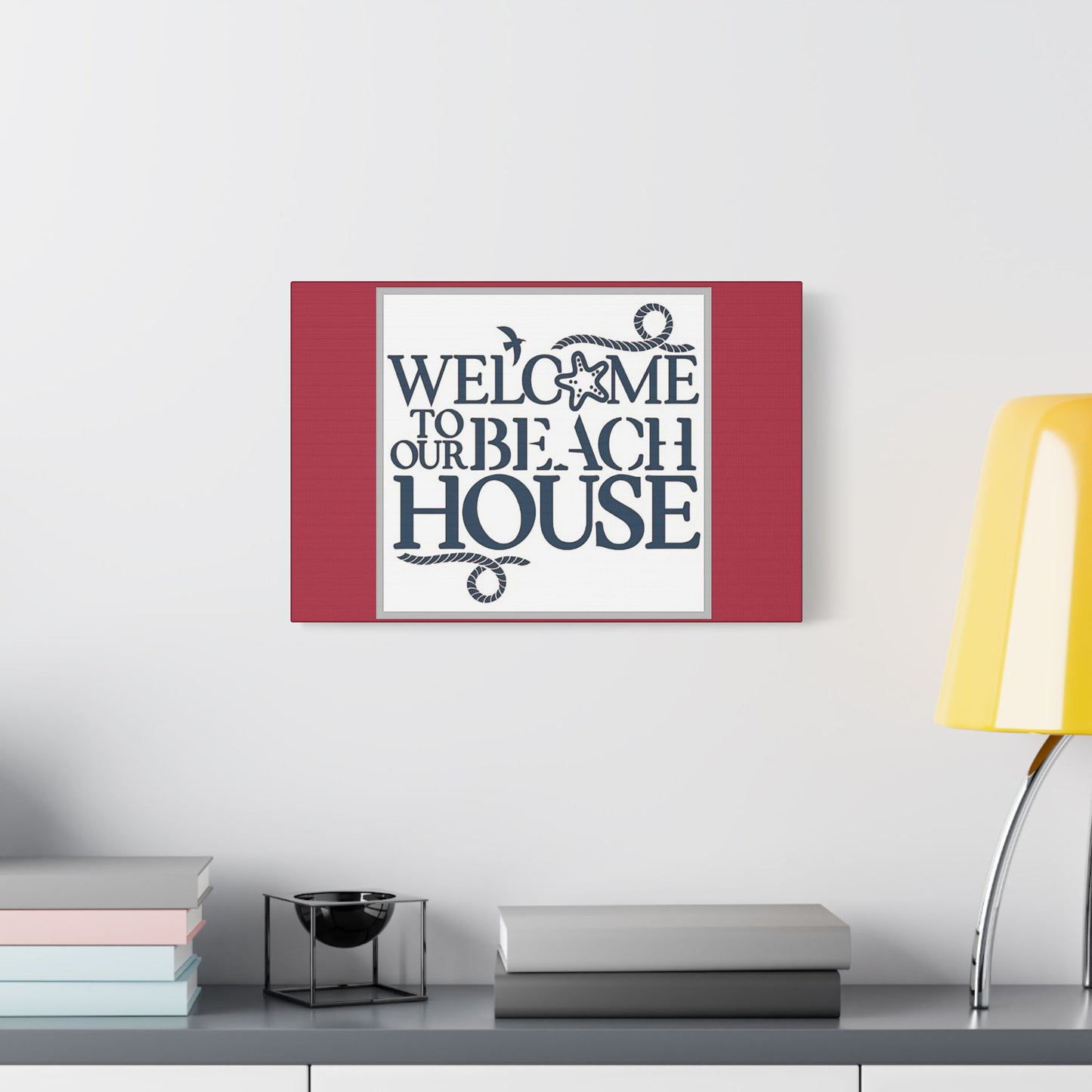 Welcome to Our Beach House-Red Background - Art- Gallery Wrapped- Satin Stretched Canvas Gallery Wraps - No Frame Needed