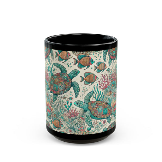 Turtle swimming- 11 oz or 15 oz Ceramic Black Mugs