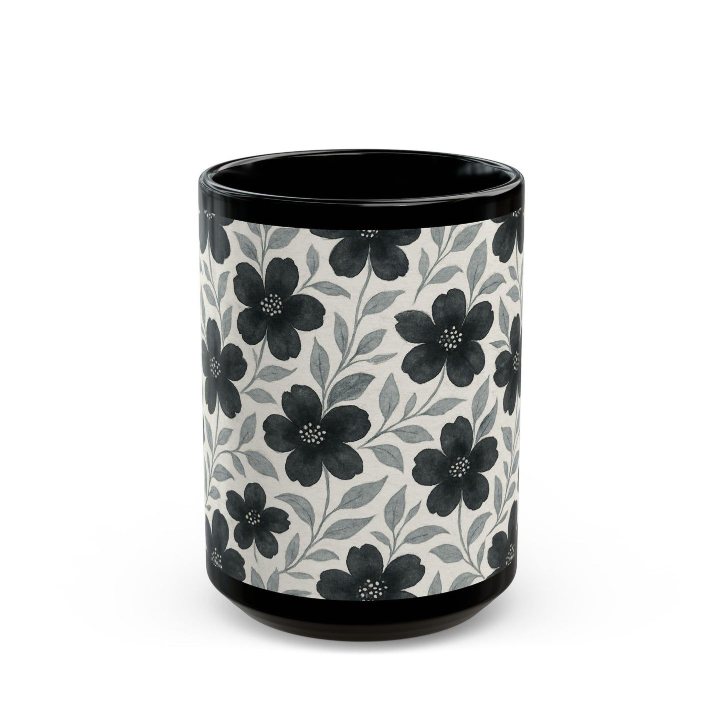 Black with Silver Flowers - 11 oz or 15 oz Ceramic Black Mugs