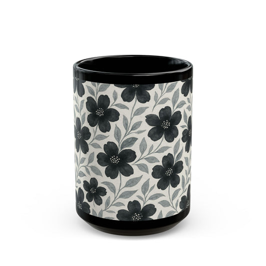 Black with Silver Flowers - 11 oz or 15 oz Ceramic Black Mugs
