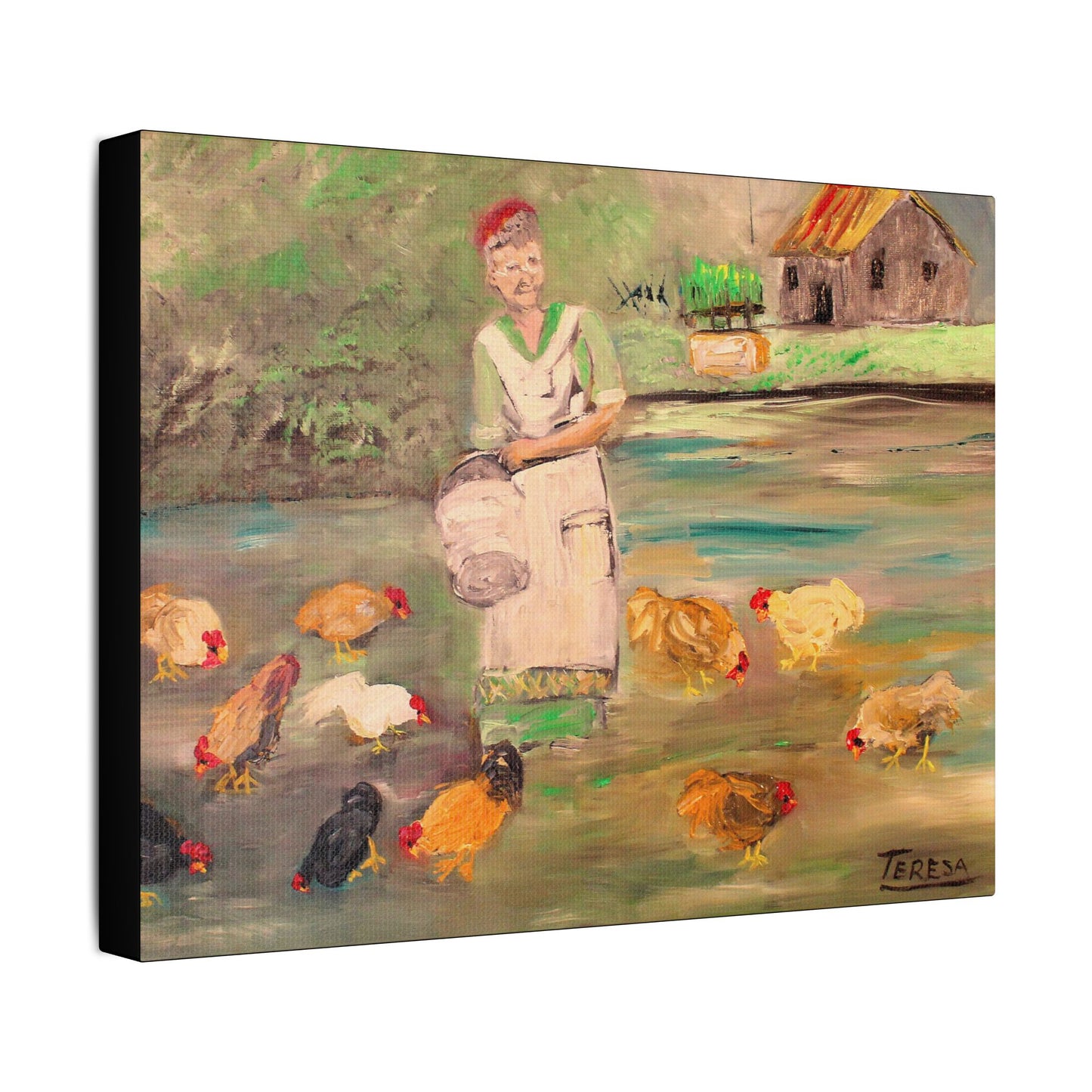 Feeding the Chickens - Art- Gallery Wrapped- Satin Stretched Canvas Gallery Wraps - No Frame Needed