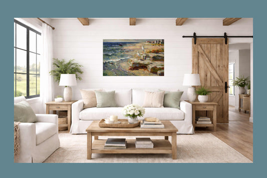 Coastal Herons – Impressionist Beach Painting, Shorebirds at the Surf, Coastal Wall Art, Giclée on Canvas, Wood, Metal & Fine Art Paper