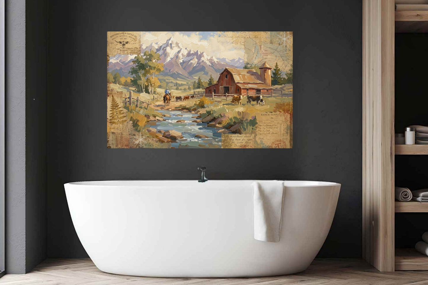 Rancher's Retreat| Rustic Ranch & Mountain Landscape Print | Western Farmhouse Giclée Print on Paper, Canvas, Wood & Metal